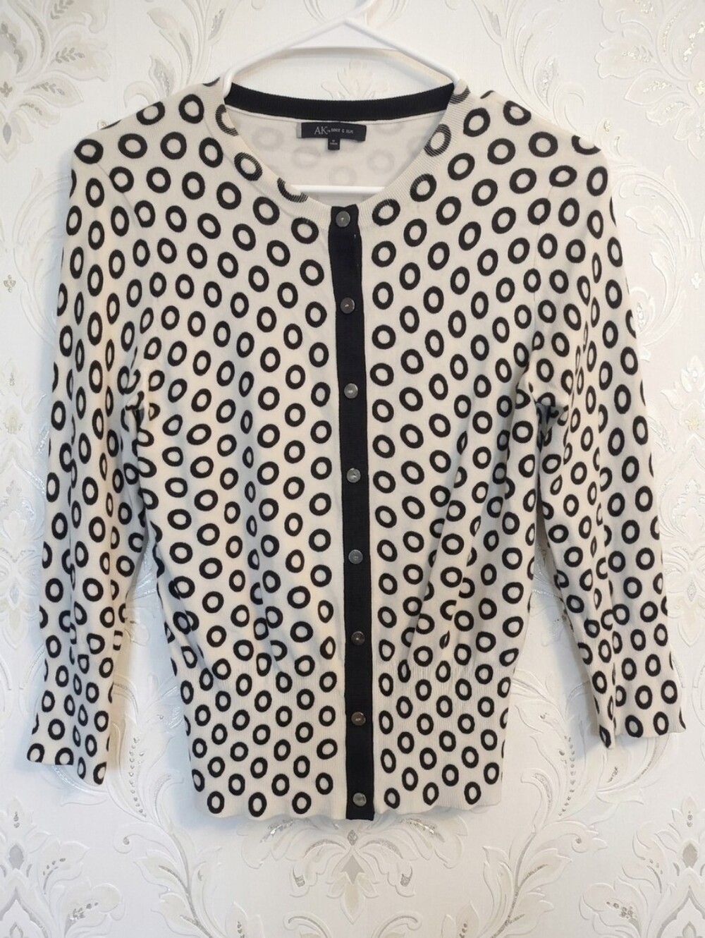 Anne Klein Silk Blend Cream and Black Snap Button Front Cardigan